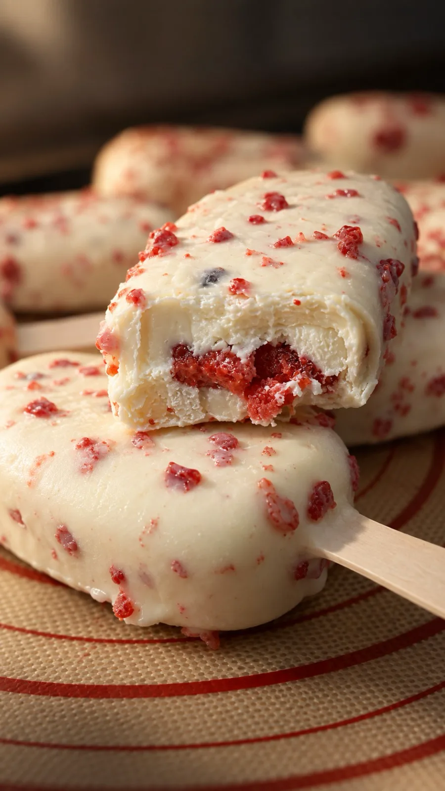 Picolé de Pudim Cravejado banhado em chocolate branco com pedaços vermelhos de calda cravejada